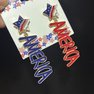 AMERICA post, drop earrings, stars, stripes and sparkle,gold trim